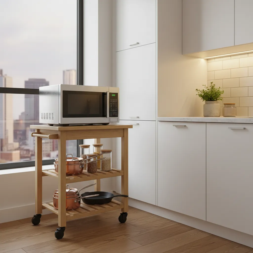 Microwave cart with shelves storing cookware in a small kitchen