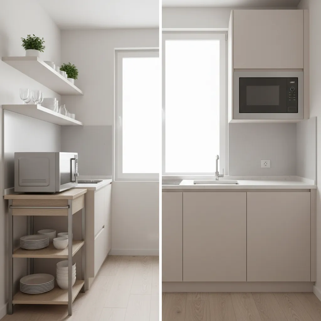 Microwave Cart vs Built In Shelf for Small Kitchens