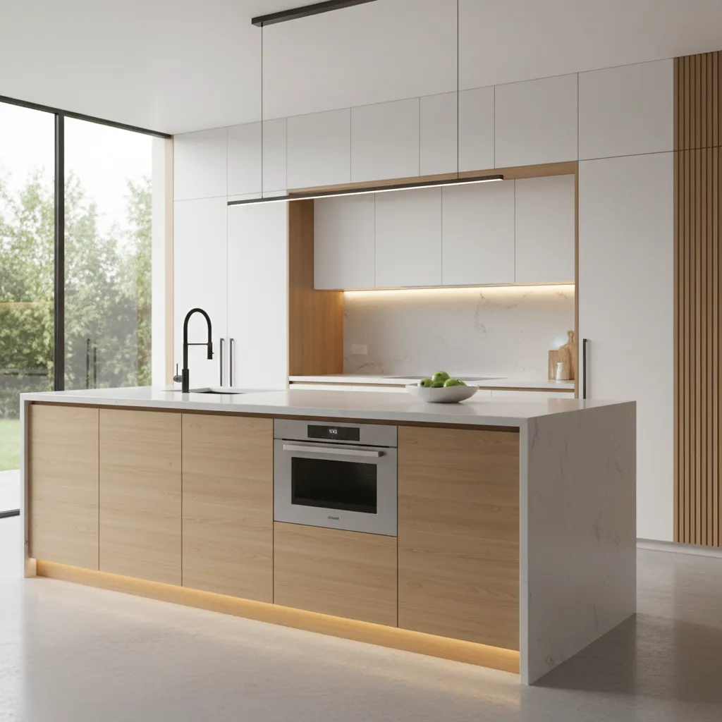 Modern kitchen featuring wooden island white marble countertop built in oven and black sink faucet
