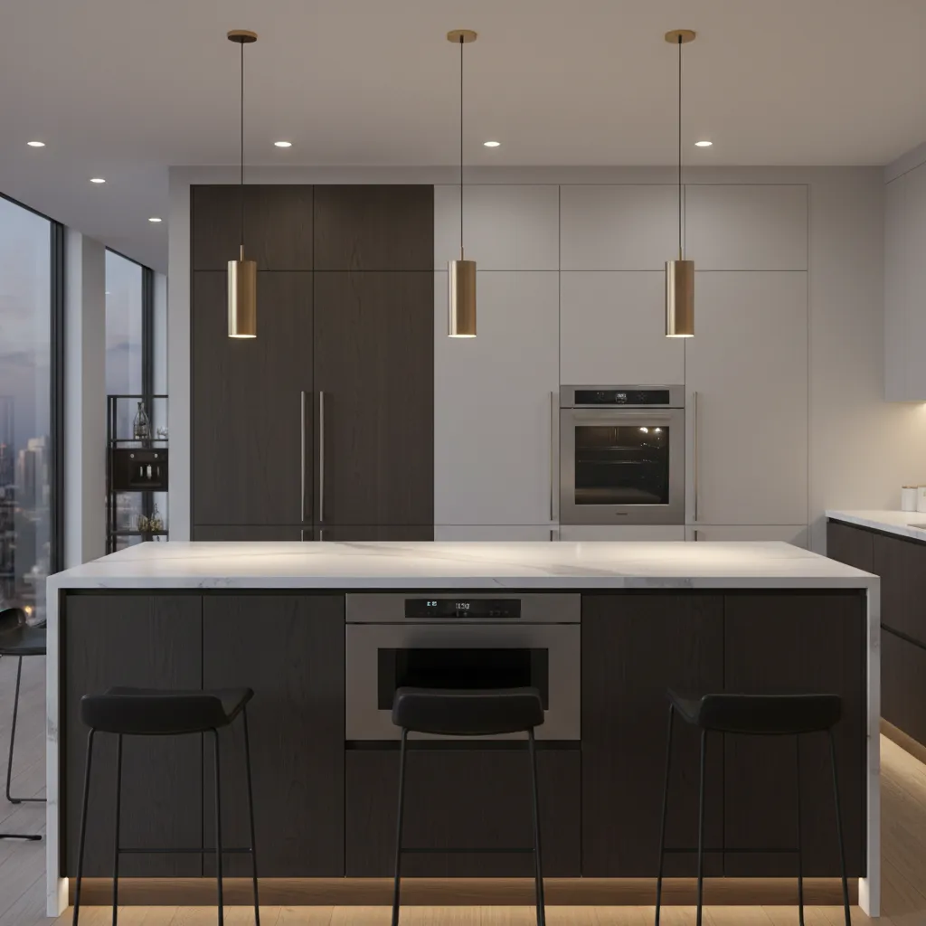 modern kitchen island with microwave drawer built into base cabinet