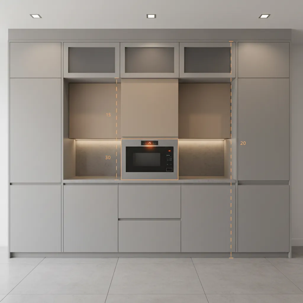 kitchen microwave installed at ergonomic height within cabinetry