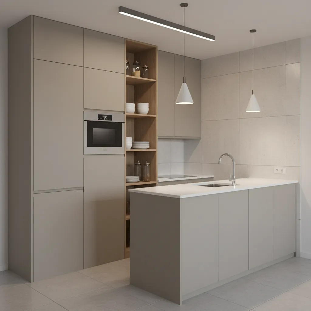 microwave installed inside tall pantry cabinet in small kitchen