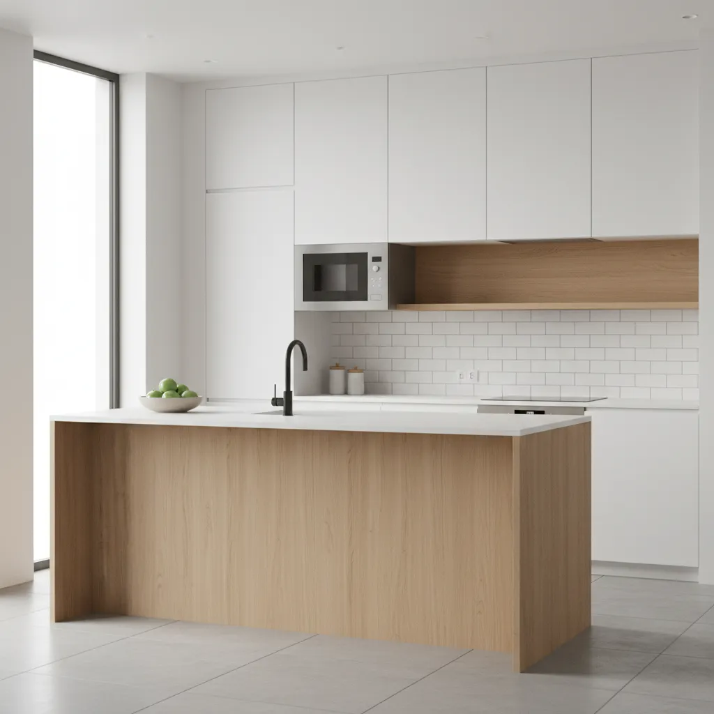 Small kitchen with microwave placed on floating shelf below cabinets