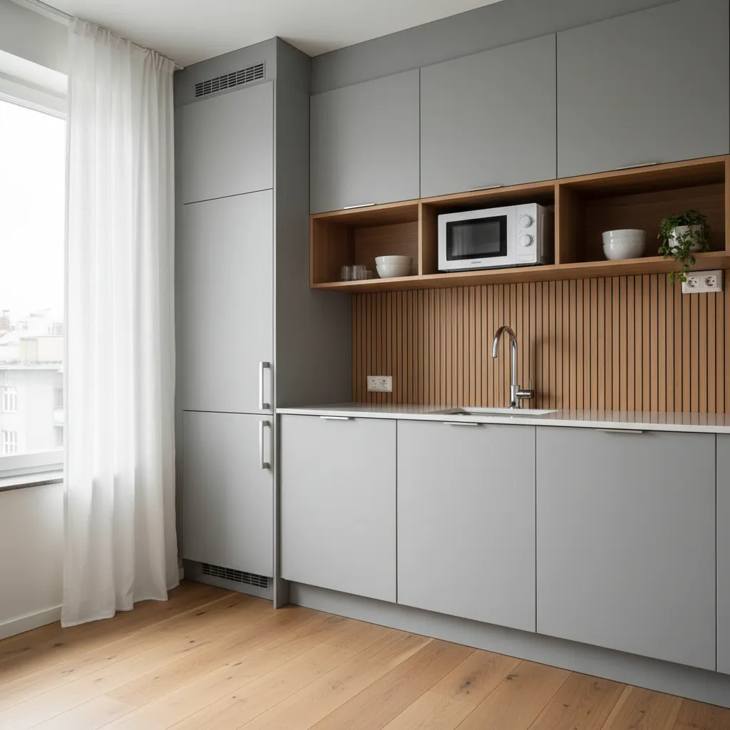 Small apartment kitchen with microwave placed on a dedicated wall shelf
