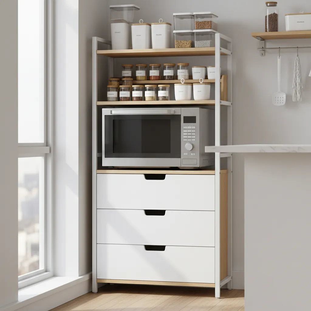 stacked shelving unit with microwave and kitchen storage