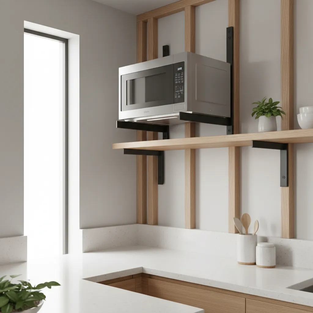 microwave mounted on sturdy wall shelf bracket in small kitchen