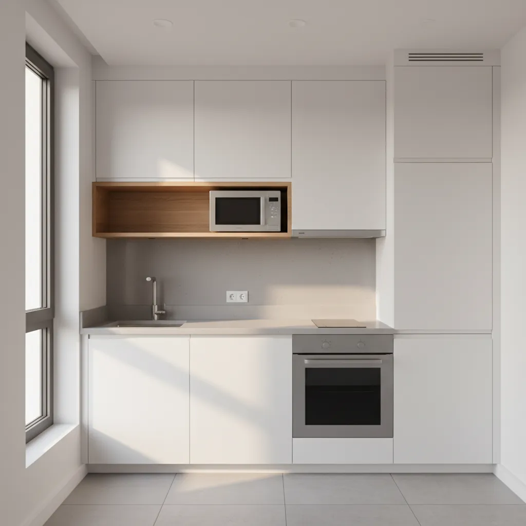 microwave on wall shelf in compact kitchen saving counter space