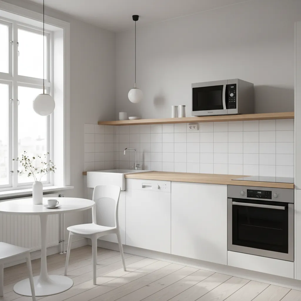 microwave mounted on wall shelf freeing kitchen counter space