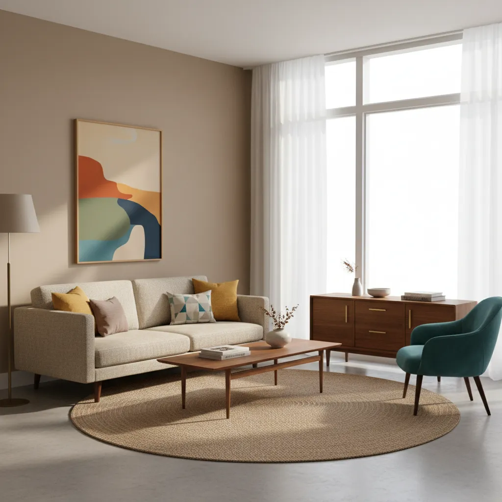 Mid century living room with mustard and teal accents