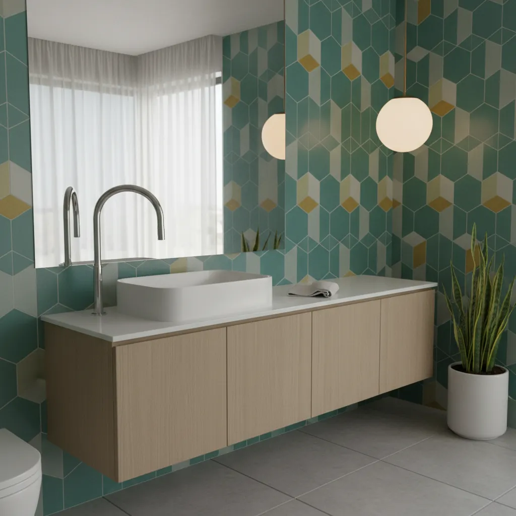 Mid century bathroom with chrome sink fixtures and clean tile