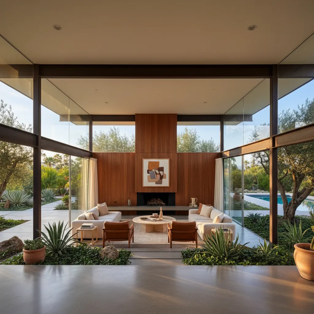 Casa modernista con paredes de vidrio y jardín integrado