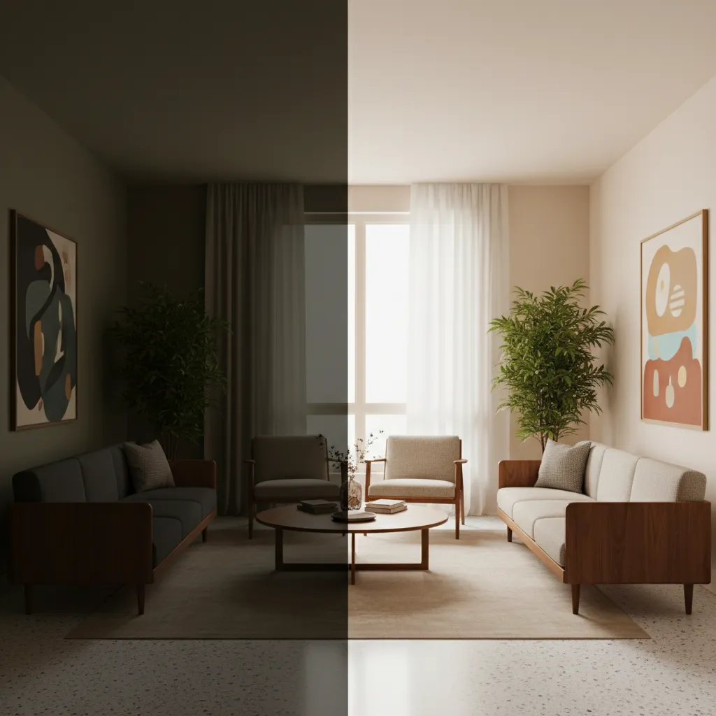 Before and after mid century modern color correction comparison
