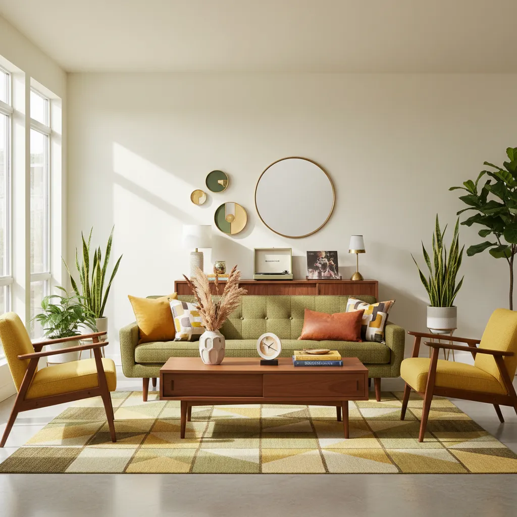 Sala de estar con paleta de colores mostaza, verde oliva y madera