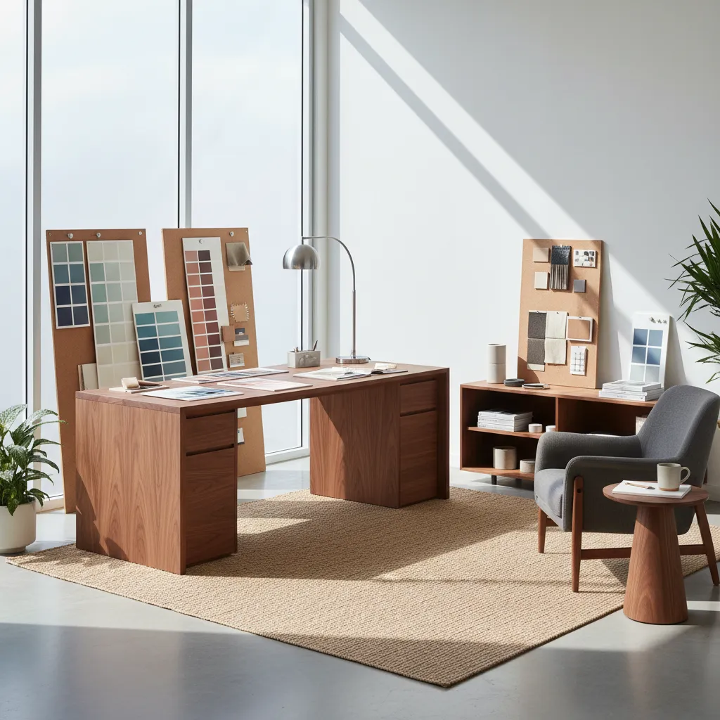 Interior designer reviewing color palette samples with mid century furniture
