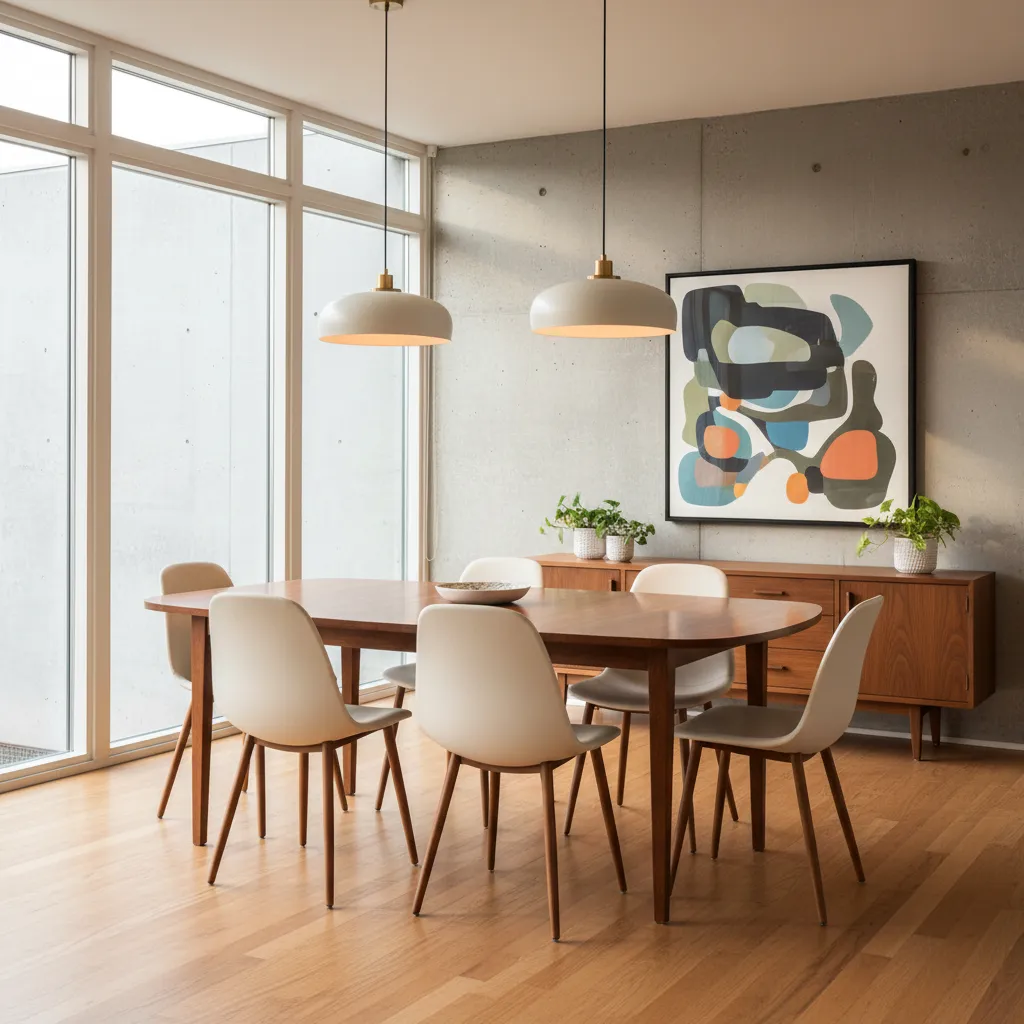 Comedor con mesa de madera y sillas mid century