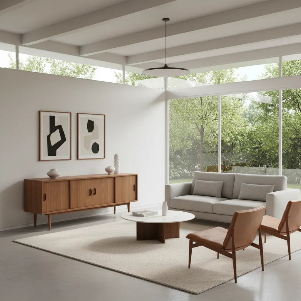 Example of balanced vintage and modern furniture in a mid century interior