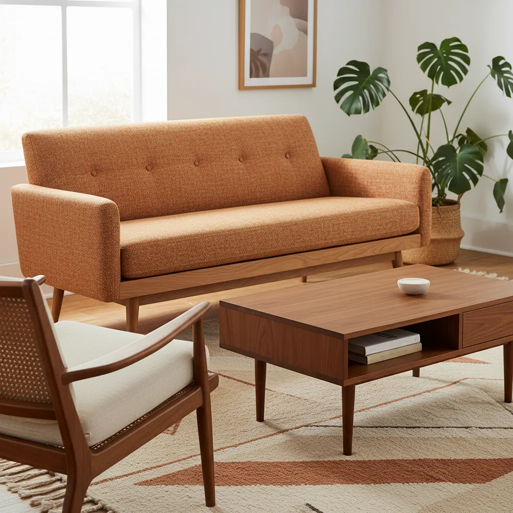 Muebles mid century con patas de madera y líneas limpias