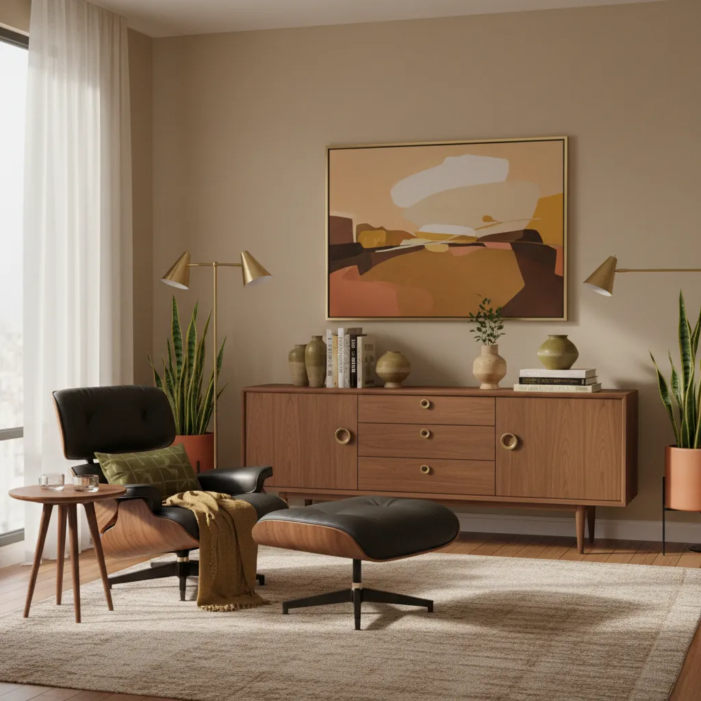 Walnut mid century furniture paired with earthy interior wall colors