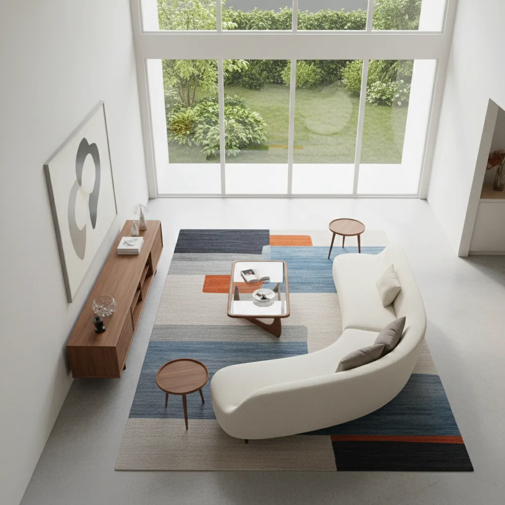 mid century living room layout with open circulation space