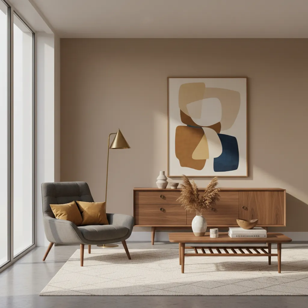 mid century walnut furniture paired with warm neutral wall color