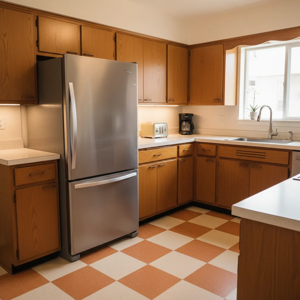 1960s kitchen cabinets with modern refrigerator showing depth mismatch