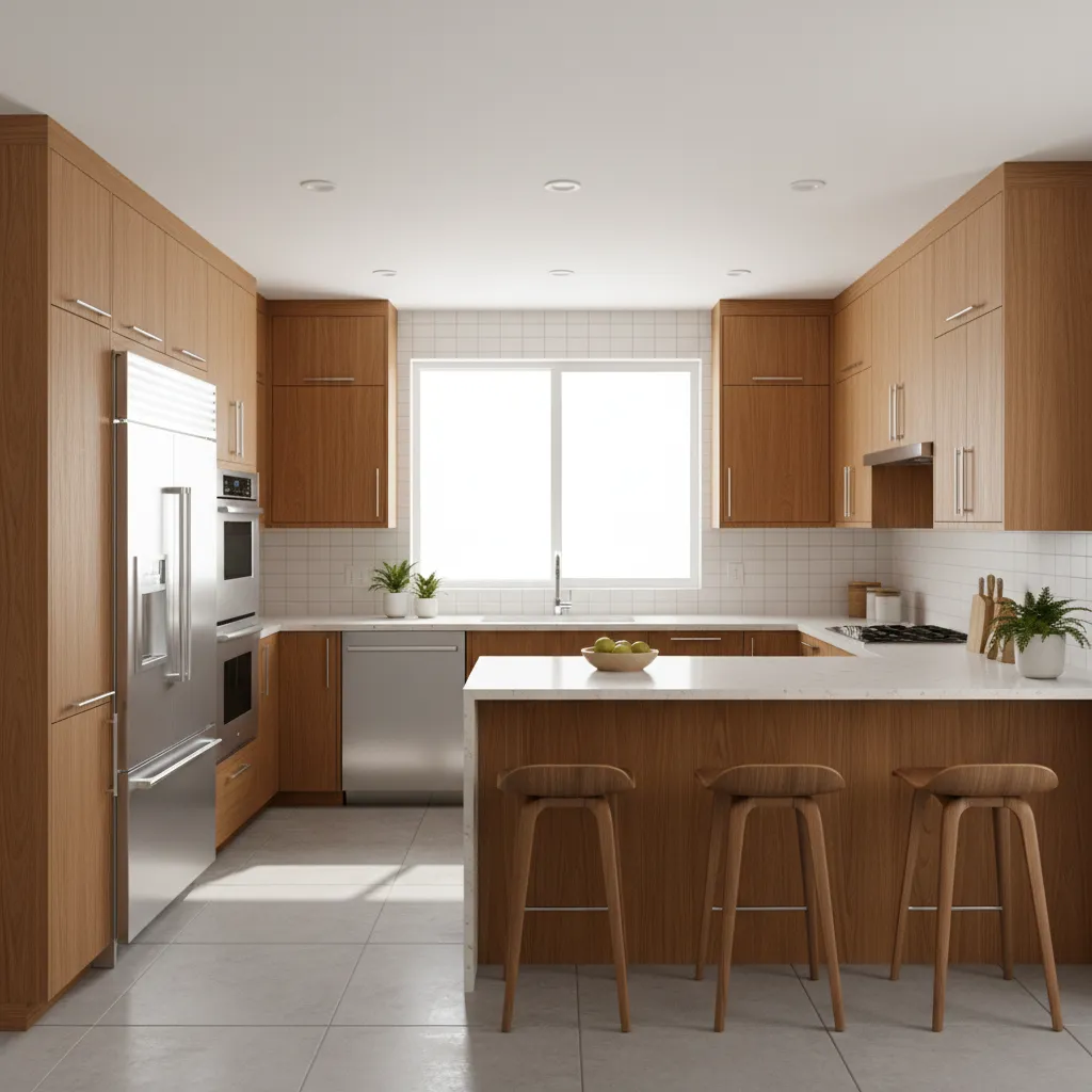 Mid century kitchen with chrome cabinet handles and stainless appliances