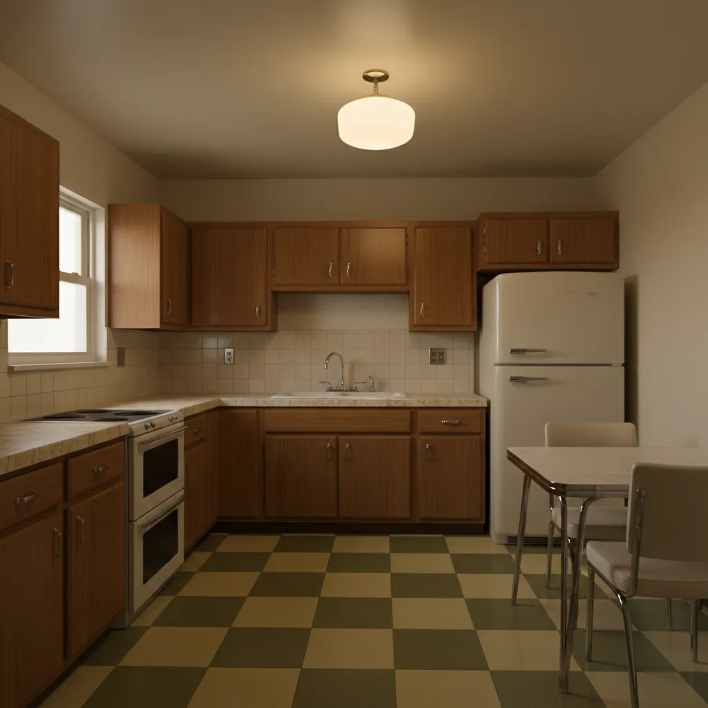 dimly lit 1960s kitchen with single ceiling light and limited outlets