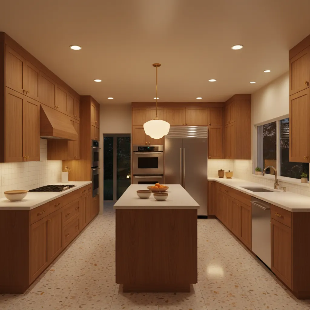 1950s kitchen upgraded with under cabinet lighting and improved countertops