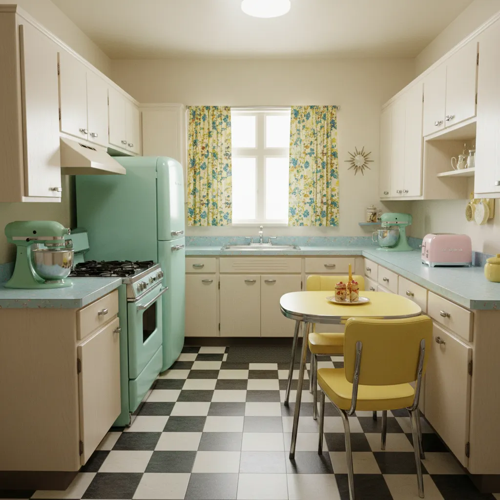Typical 1950s kitchen layout with compact cabinets and vintage appliances