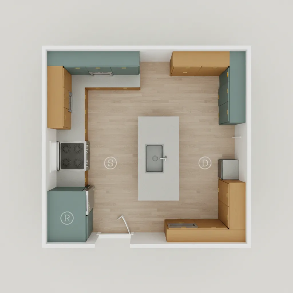 3D floor plan showing appliance placement in remodeled mid century kitchen