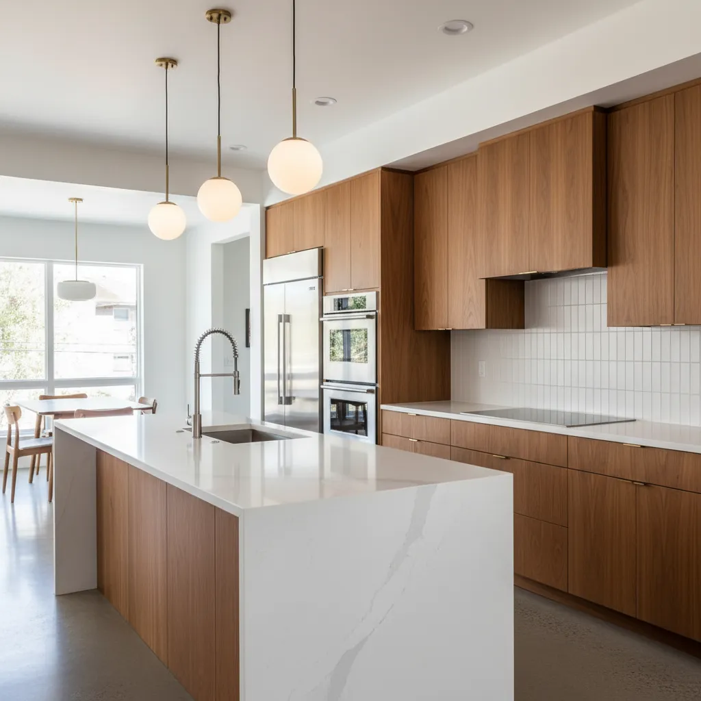 finished mid century kitchen renovation with modern appliances and open layout