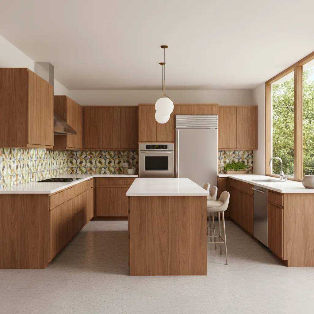 Fully restored mid century modern kitchen with retro color palette