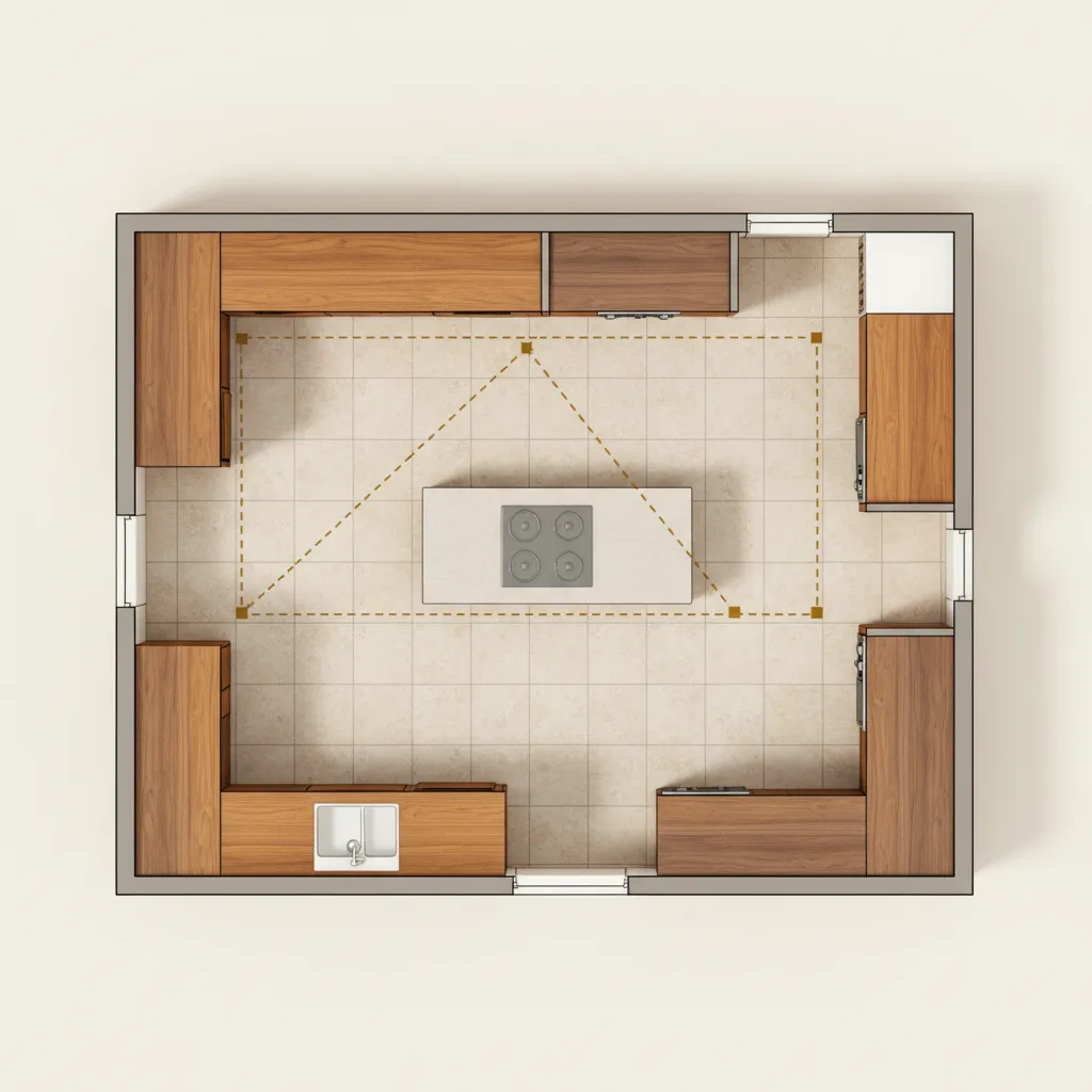 Mid century kitchen layout planning with workflow zones