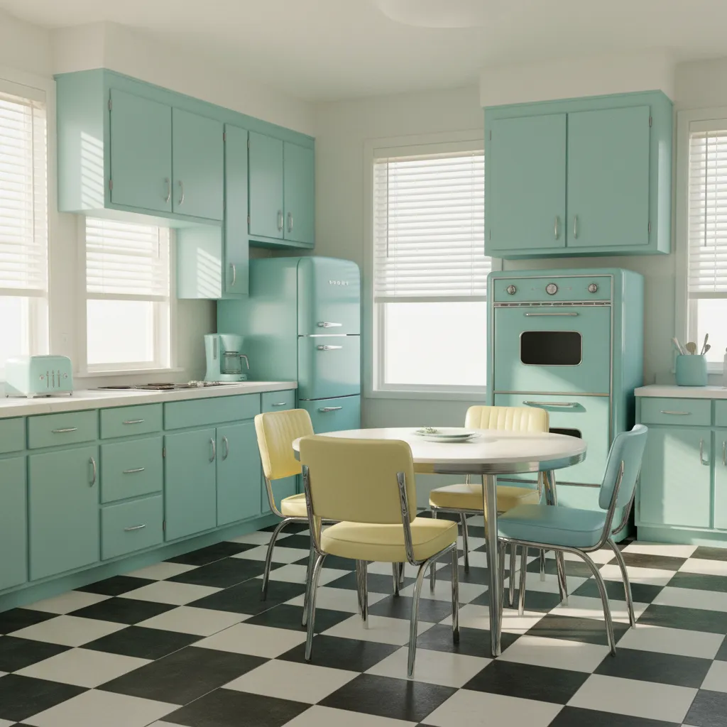 mid century kitchen with pastel cabinets and retro appliances