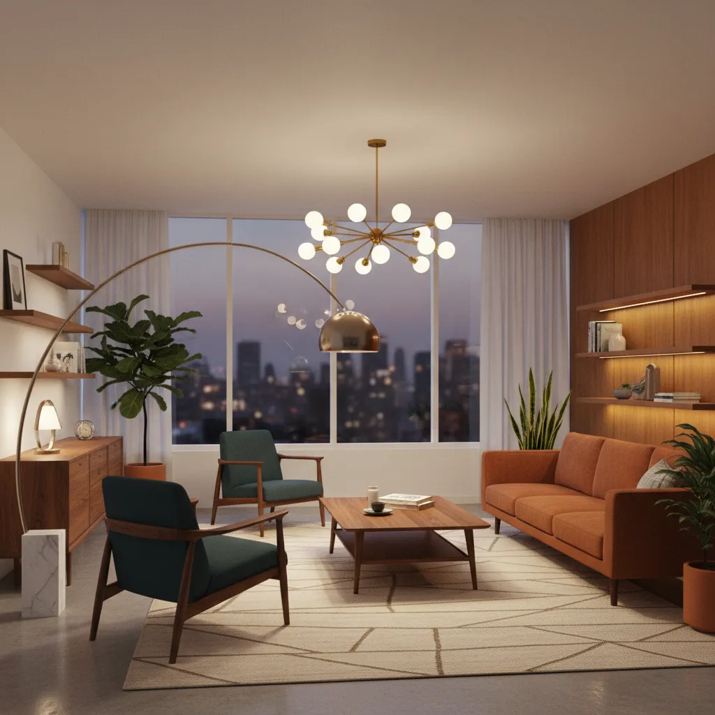 Mid century modern living room featuring a sputnik chandelier and arc floor lamp