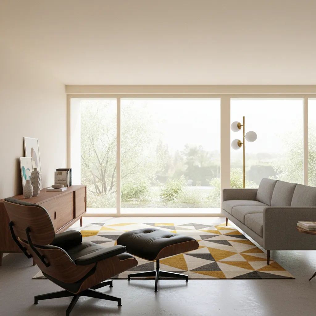 balanced mid century modern living room layout with iconic chair and wood storage