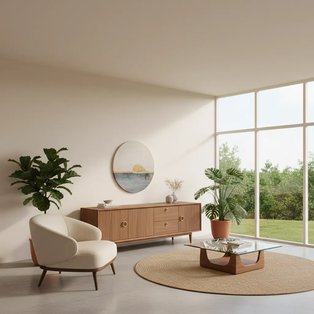 Mid century modern living room showing balanced wall color and walnut furniture