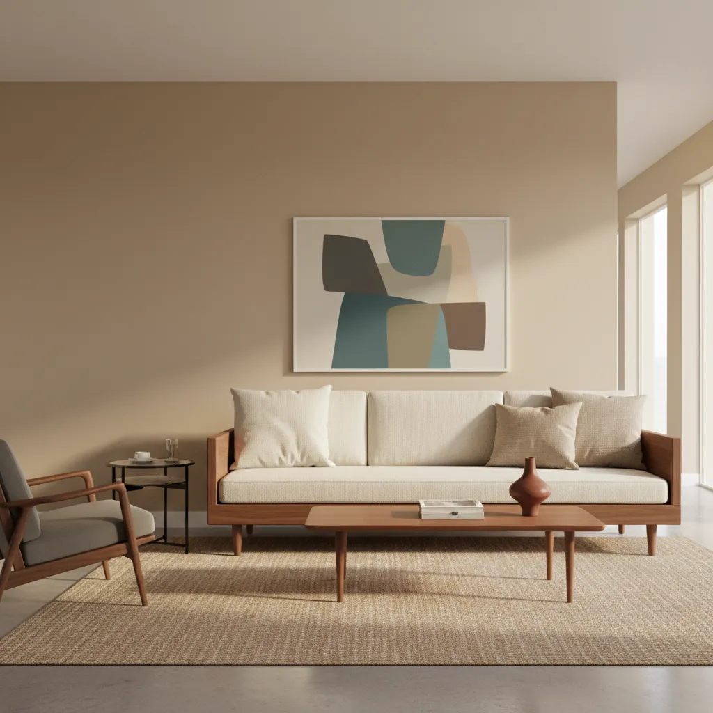 Mid century living room with walnut furniture and neutral walls