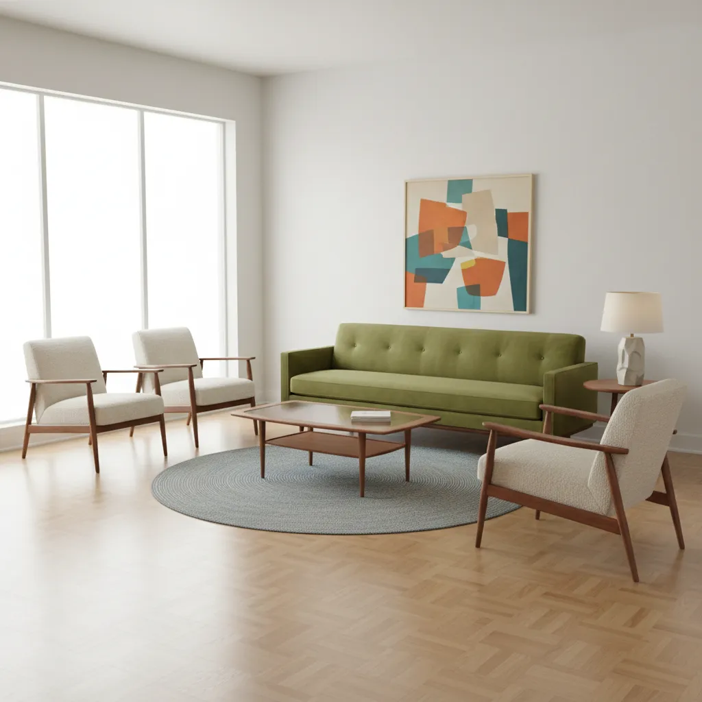 Mid century modern seating layout with sofa and two lounge chairs