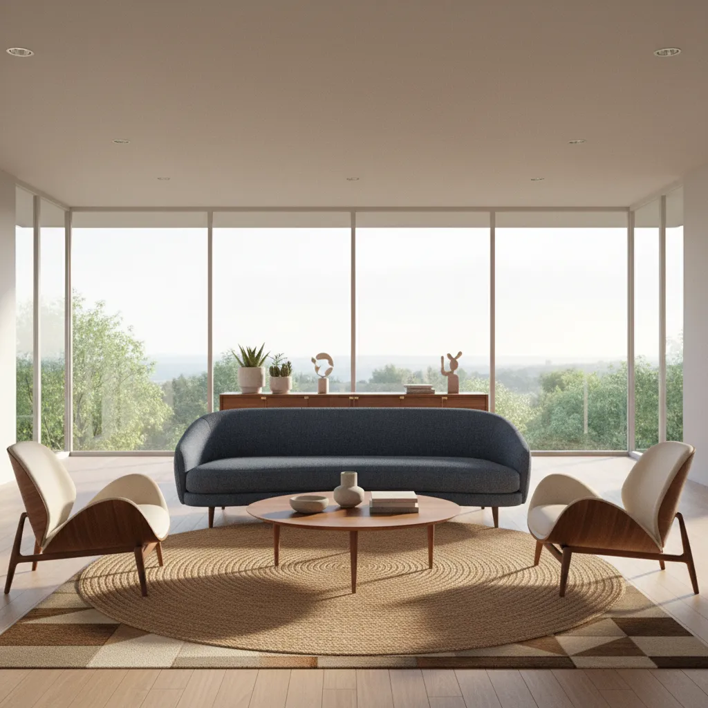 mid century modern living room layout with floating furniture arrangement