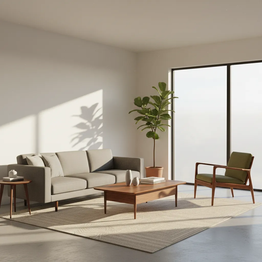Mid century modern living room with balanced furniture spacing and natural light