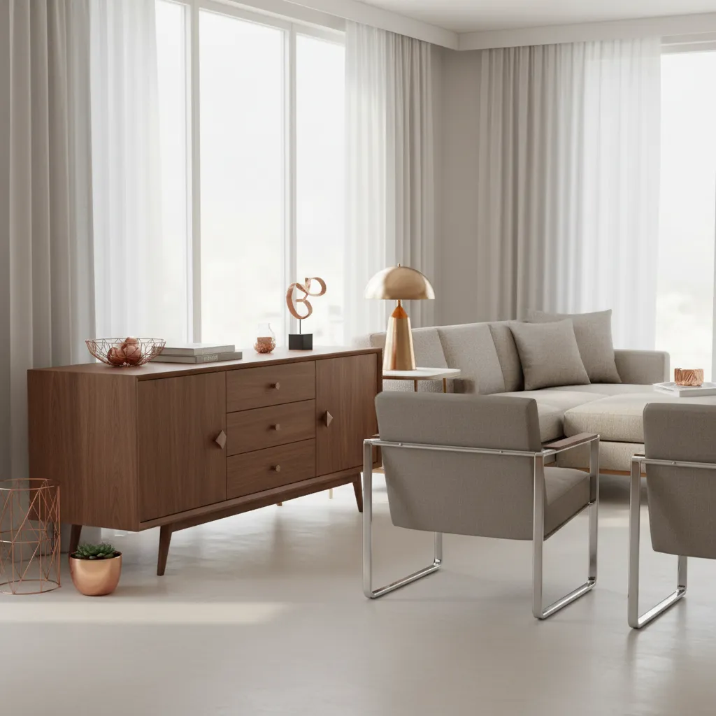 Mid century modern living room with mixed metal accents and walnut furniture