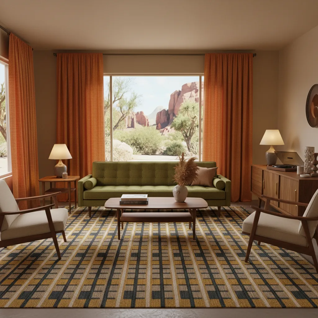 Mid century living room design with burnt orange curtains and walnut furniture