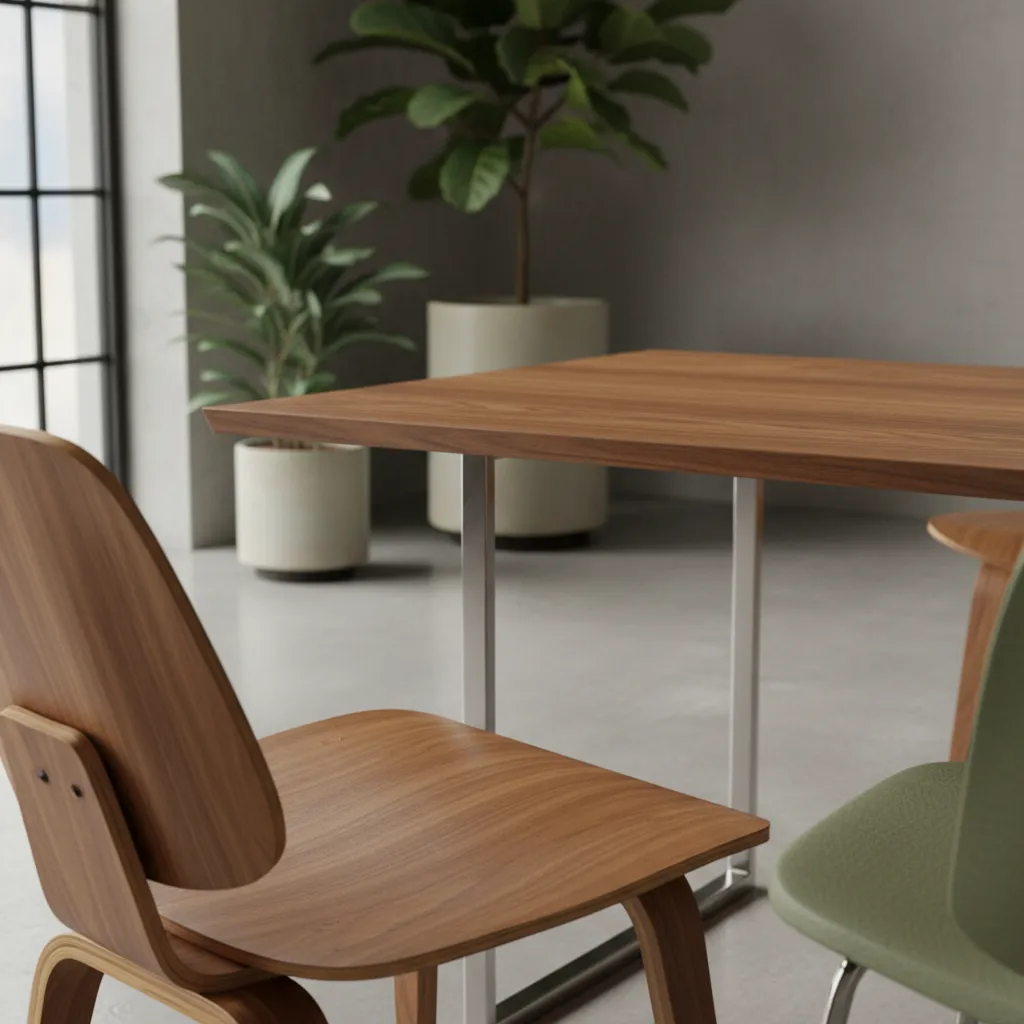 close view of molded plywood fiberglass and steel mid century furniture materials