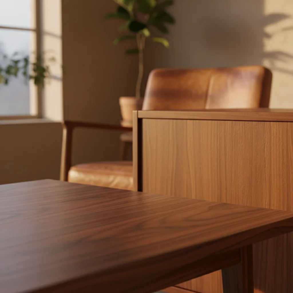 close view of walnut and teak materials used in mid century furniture