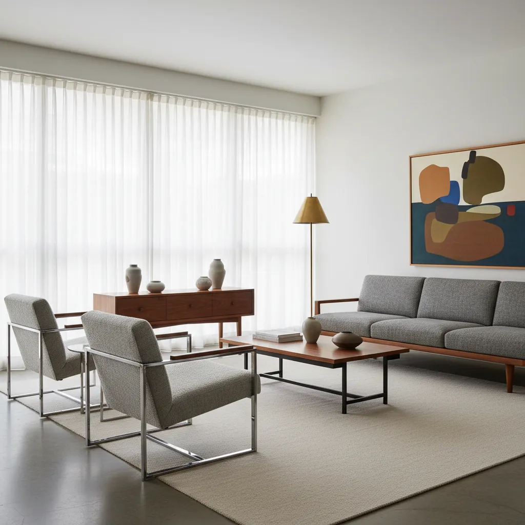 Mid century modern furniture showing chrome legs and brass lighting elements