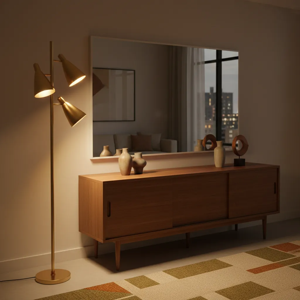 Brass mid century lamp reflecting warm light onto wooden furniture