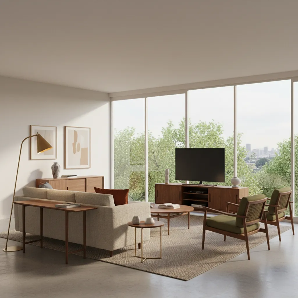 Mid century living room showing brass lighting and walnut furniture