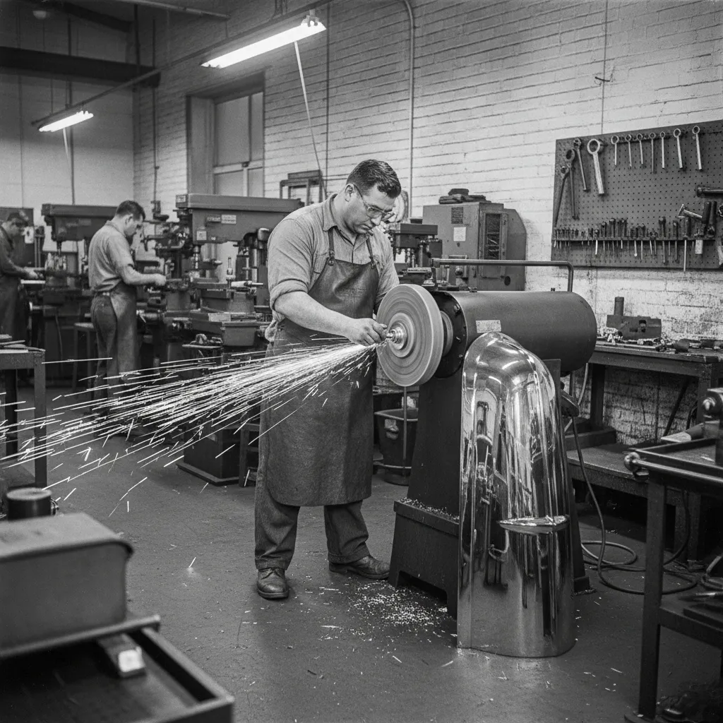 Factory worker polishing metal furniture parts using buffing wheel