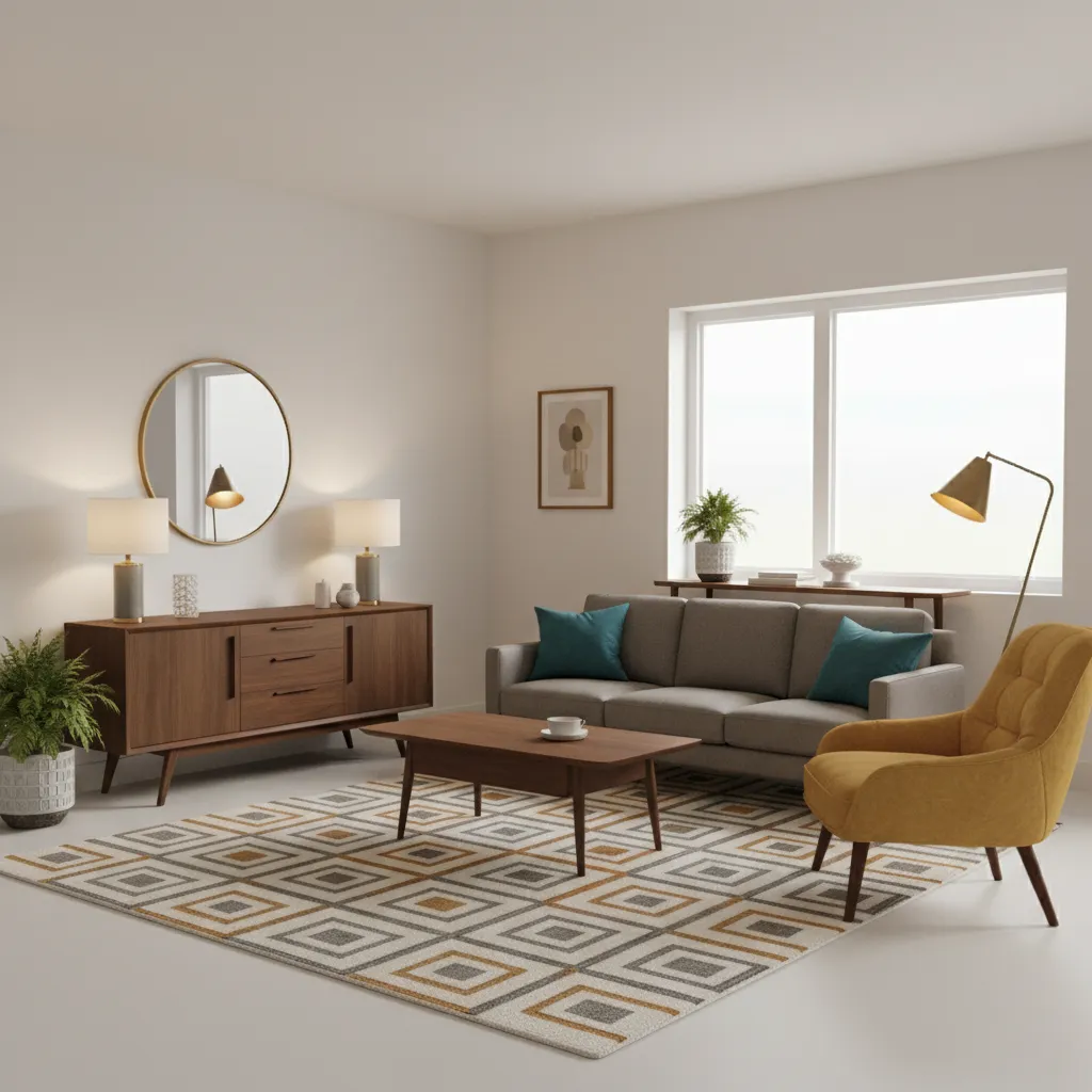 Mid century living room showing neutral base colors with mustard and teal accents